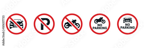 No Parking Zone: Red Circle Signs, Car, Motorcycle, Parking Symbol, Vector Illustration