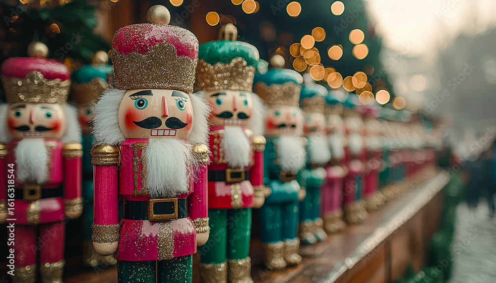 Fototapeta premium Festive nutcracker figurines with glowing holiday lights in the background