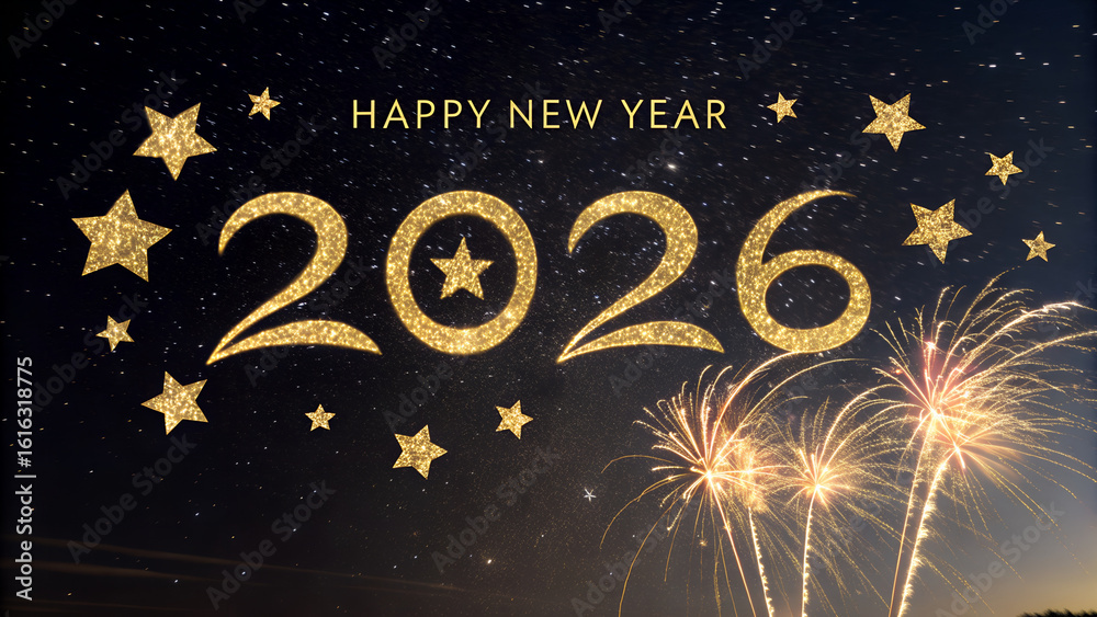 Naklejka premium Sparkling Golden 2026 New Year Celebration with Fireworks Under a Starry Night Sky