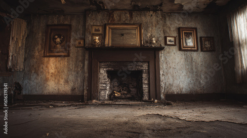 Abandoned vintage room with fireplace and old wallpaper