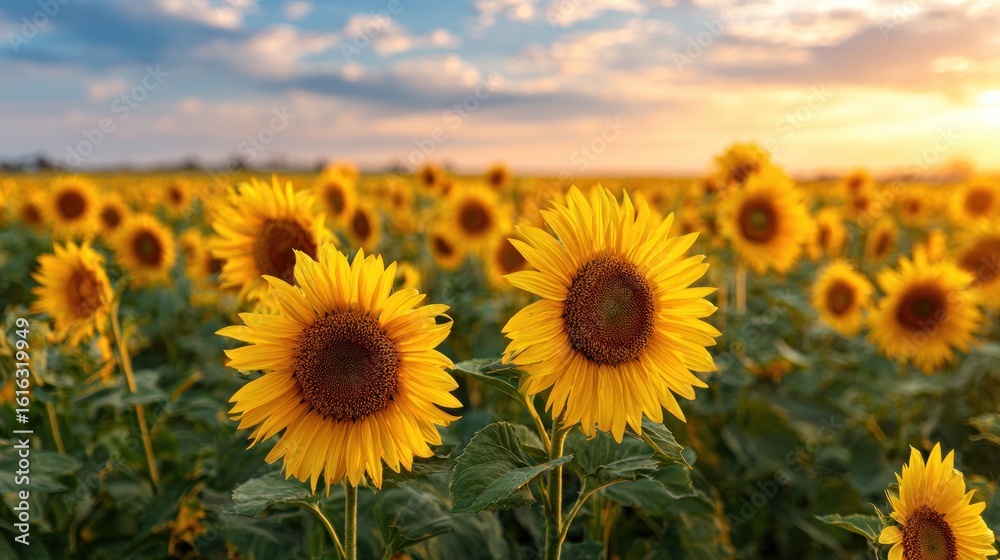 Fototapeta premium Sunflowers field at sunset