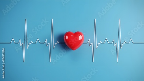 Vibrant red heart pulsing with life on a clean blue background depicting a healthy heartbeat waveform