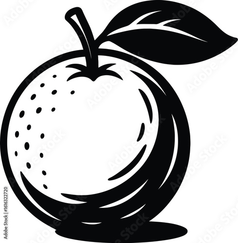 Stylized Black and White Orange Fruit with Leaf Illustration - Citrus Icon