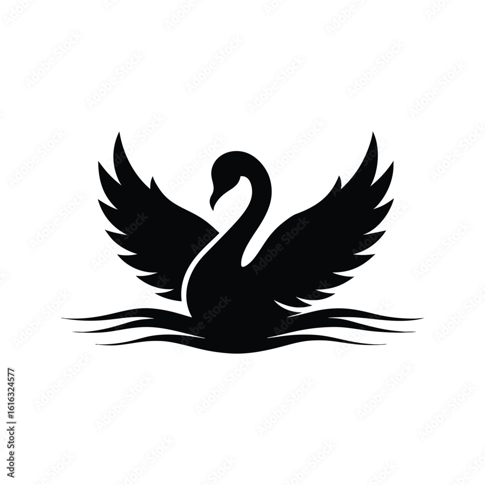 Fototapeta premium A swan on water with wings spread out silhouette vector illustration