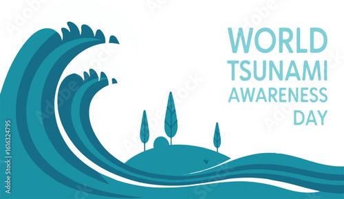 World Tsunami Awareness Day Vector Art with Waves Trees and Calm Blue Waters Featuring a Serene Landscape Depiction