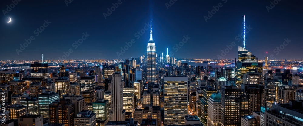 Obraz premium Illuminated New York City Skyline at Night, Crescent Moon Above
