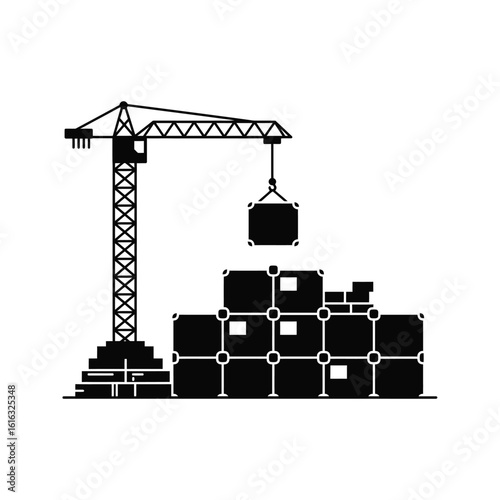 Construction Crane Lifting Cargo Containers onto Stack Black and White Icon