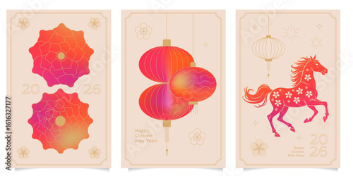 Chinese New Year design cards set. 2026 year of the Horse. Eastern Lunar new year concept. Geometric modern silhouettes vector with abstract forms, gradients, Horse. Design for calendar, cover, flyer.