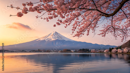 Wallpaper Mural Stunning Mount Fuji vista framed by delicate cherry blossoms at sunrise, reflecting tranquil beauty. Torontodigital.ca