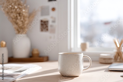 Warm morning light illuminates cozy workspace featuring simple m
