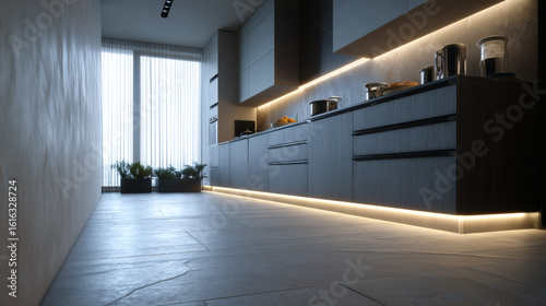 Dark-toned contemporary kitchen featuring LED lighting and stone backsplash — perfect for dramatic visuals in architectural portfolios and ads.