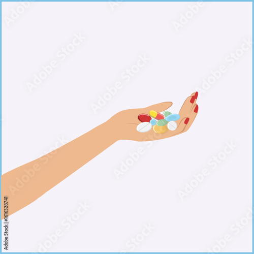 A woman's hand holds a handful of pills, pills, capsules, medicine, treatment, health, healthcare