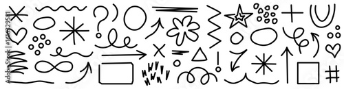 Various hand-drawn doodles are arranged in a playful pattern, displaying abstract shapes and symbols in black on a white background, perfect for artistic inspiration.