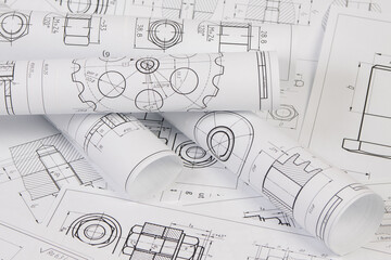 engineering drawings of industrial parts and mechanism