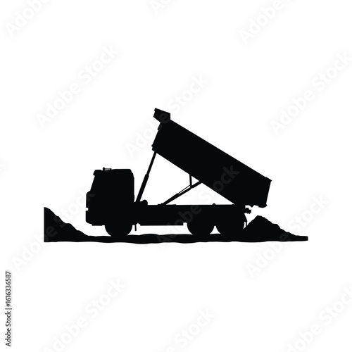 Dump truck silhouette unloading cargo construction heavy machinery transportation logistics industry black and white vector illustration