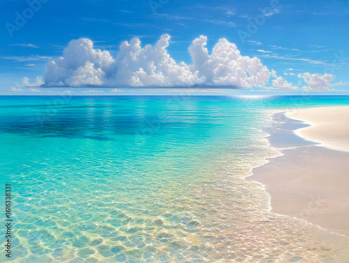Fototapeta Naklejka Na Ścianę i Meble -  Tranquil Caribbean beach with crystal-clear waters and fluffy clouds on a bright sunny day