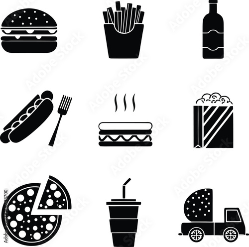 Black and White Food Icons Representing Fast Food Classics and Delivery, Including Pizza, Burgers, and Beverages