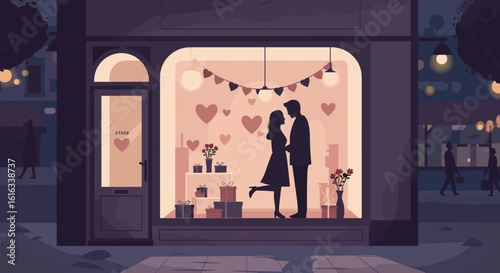 Romantic store window depicting couple embracing in evening light  