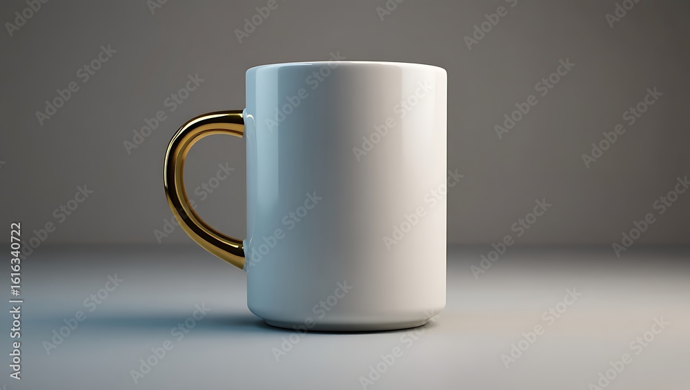 Obraz premium Elegant white ceramic mug with a luxurious gold handle presented on a subtle gray background with soft lighting