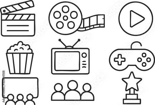 A collection of entertainment icons, including a film clapper, reel, play button, popcorn, television, game controller, cinema screen, audience, and an award trophy.