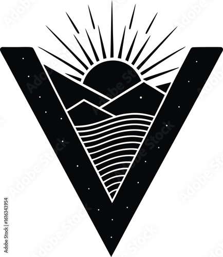 Geometric mountain sunrise landscape inside an inverted triangle
