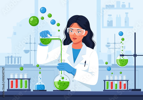 Flat illustration of a female scientist conducts an experiment with green liquid in a laboratory