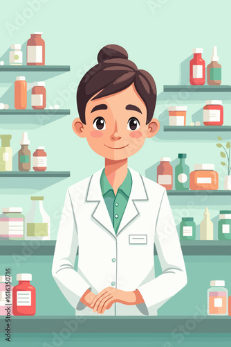 Pharmacist smiling in a pharmacy with shelves of medicine in the background