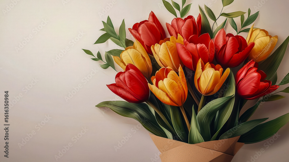 Obraz premium Bright red and yellow tulips arranged in a bouquet on a neutral background