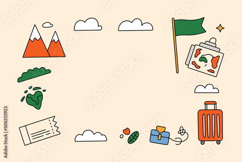 Illustrated travel themed frame with mountains, clouds, luggage, map, and ticket on a light background