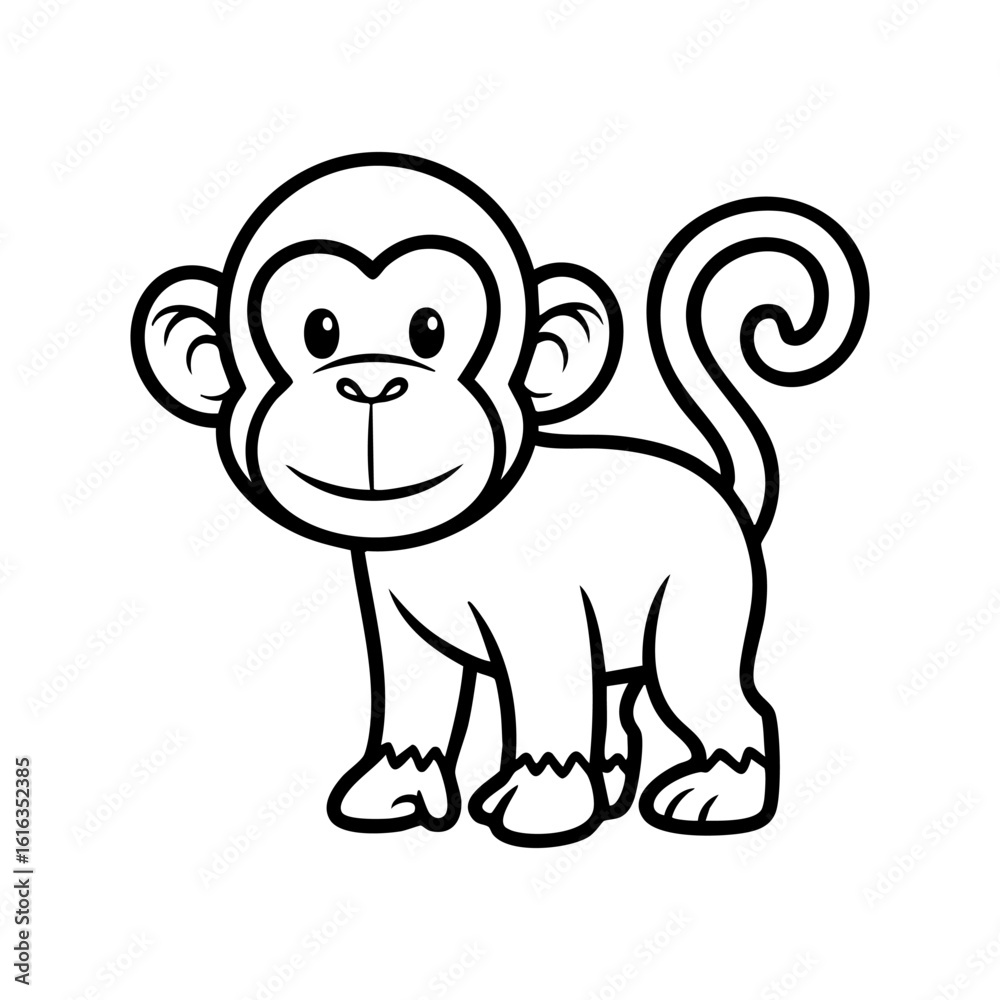 Obraz premium Funny Monkey Coloring Page for Kids – Jungle Animal Black and White Vector Line Art for Learning, Preschool, and Printable Activities
