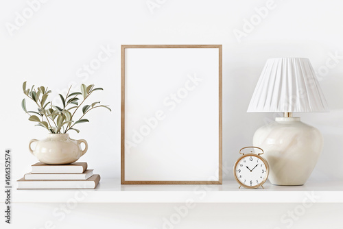 Small vertical wooden frame template standing on decorated shelf. Art mockup in neutral light interior. 3d rendering.