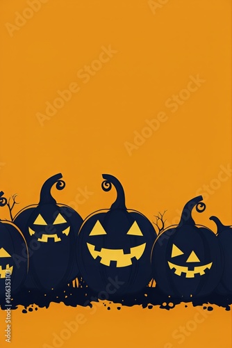 Spooky Halloween Pumpkins Lined up Against an Orange Background for Festive D...
