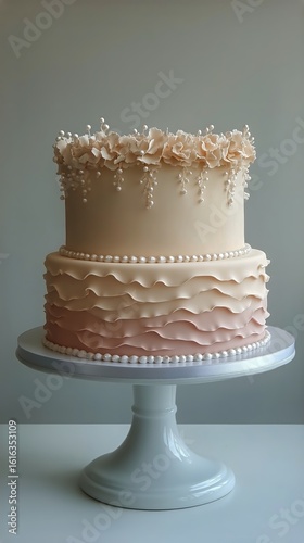 Decorative Cake Topped With Flowers Displayed on a Cake Stand in a Bright Kit...