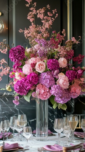 Elegant Floral Arrangement in a Luxurious Dining Setting With Pink and Purple...