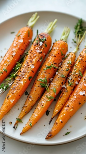 Roasted Carrots Garnished With Herbs and Sea Salt on a White Plate.