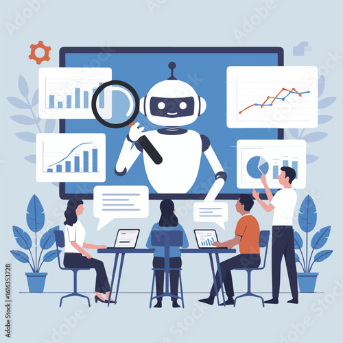 Robot analyzing data with magnifying glass in front of team working on laptops with charts displayed on screen