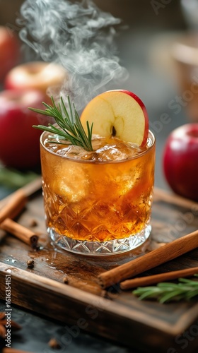 Refreshing Apple Cocktail Garnished With Fresh Herbs and Fruits for Fall Gath...