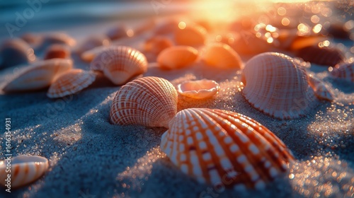 Beautiful Shells Scattered on the Sandy Beach During Sunset Near the Ocean