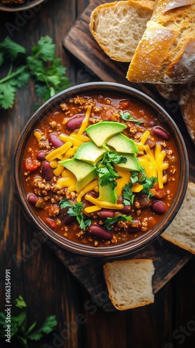 Hearty Chili Topped With Avocado and Cheese Served With Crusty Bread on a Rus...