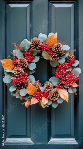 Beautiful Autumn Wreath With Pinecones and Berries on a Dark Door.
