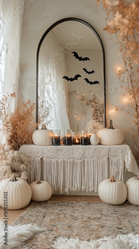 Elegant Autumn Decor With White Pumpkins and Candles for a Cozy Ambiance in a...
