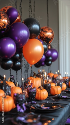 Festive Halloween Decorations Adorn a Long Banquet Table With Pumpkins and Ba...