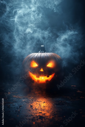 Illuminating Pumpkin With a Spooky Grin in a Misty Halloween Setting