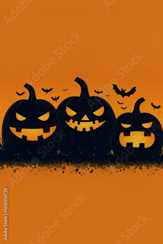 Spooky Halloween Pumpkins Lined up Against an Orange Background for Festive D...