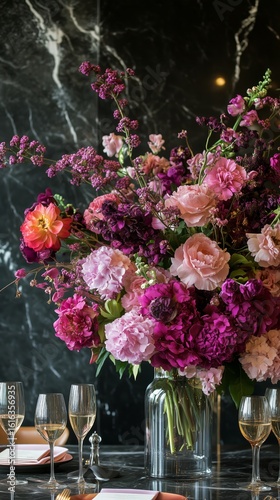 Elegant Floral Arrangement in a Luxurious Dining Setting With Pink and Purple...