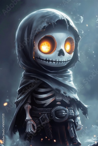 Mysterious Animated Skeleton Character With Glowing Eyes in a Dark Forest.