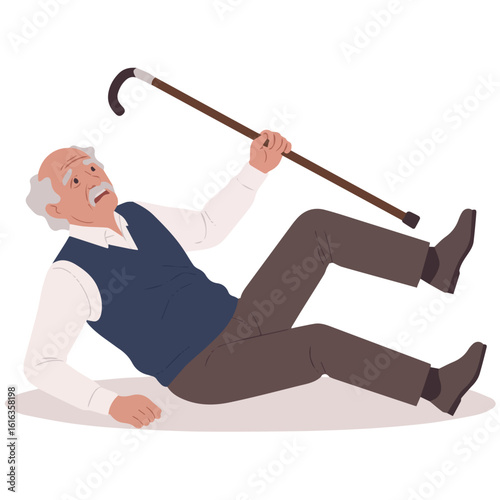 Illustration of an elderly man with white hair falling backwards while holding a cane in his hand outdoors