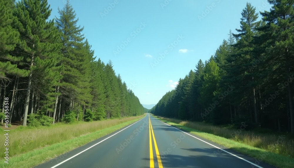 Fototapeta premium Serene Straight Road Surrounded by Lush Green Forest Landscape