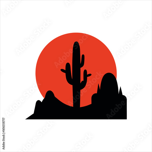 Cactus with Sunset and Rocky Desert Scene Under Warm Light silhouette Art Vector illustration