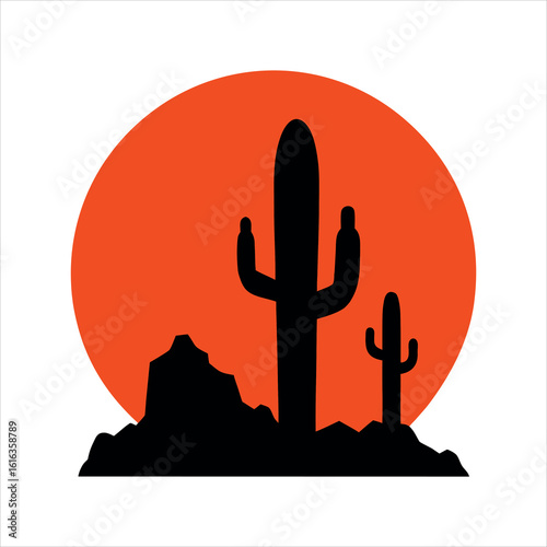 Desert Cactus Surrounded by Rocks with Sunset Backdrop silhouette Art Vector illustration